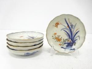 古伊万里　染付赤絵　鶴に花　小皿　5客揃